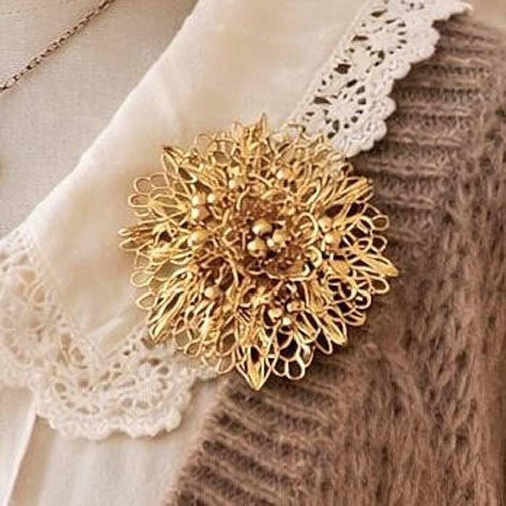 Vintage Monet Gold Tone Filigree Brooch Signed Intricate Beaded Texture‎ Floral